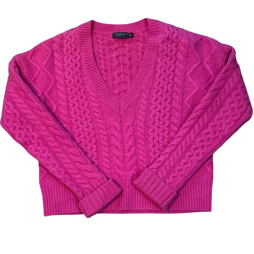 Vineyard Vines Womens XS Pink Merino Wool Cable Knit V-Neck Sweater Fuchsia